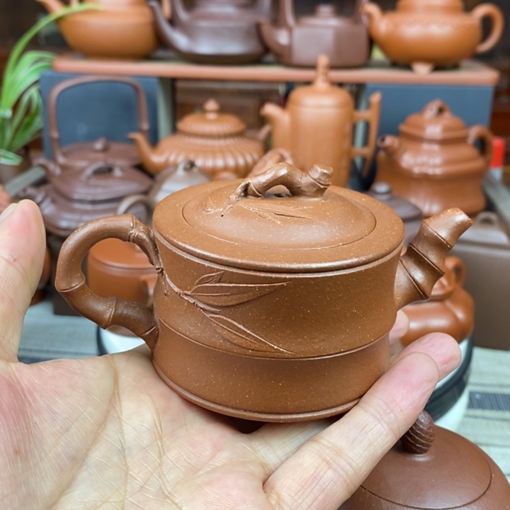 紫砂茶壶竹节130CC原矿宝山红降坡泥特价