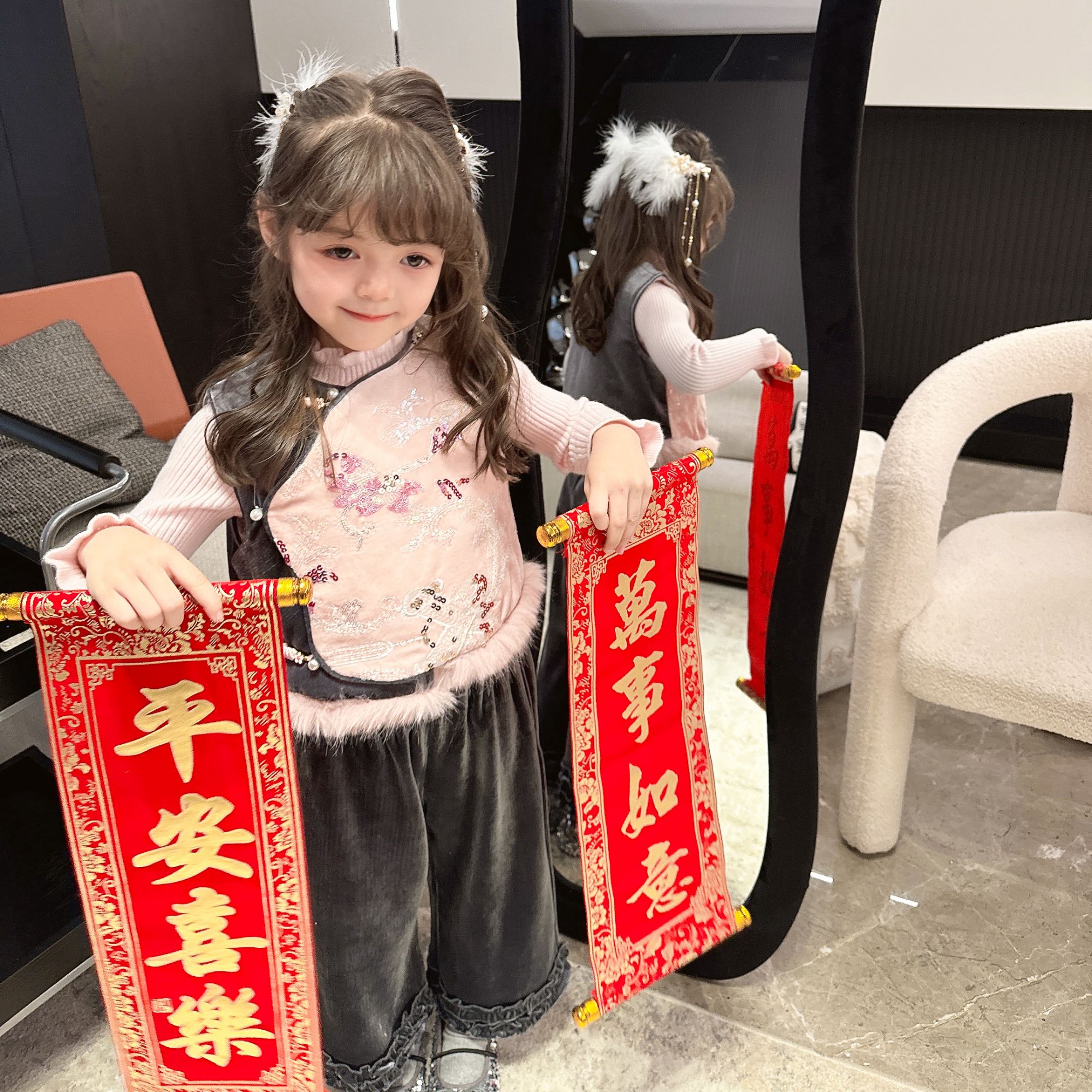 【Mt studio】K【新款】亮片拼接款旗袍马甲两件套女童冬季可爱（汉服）