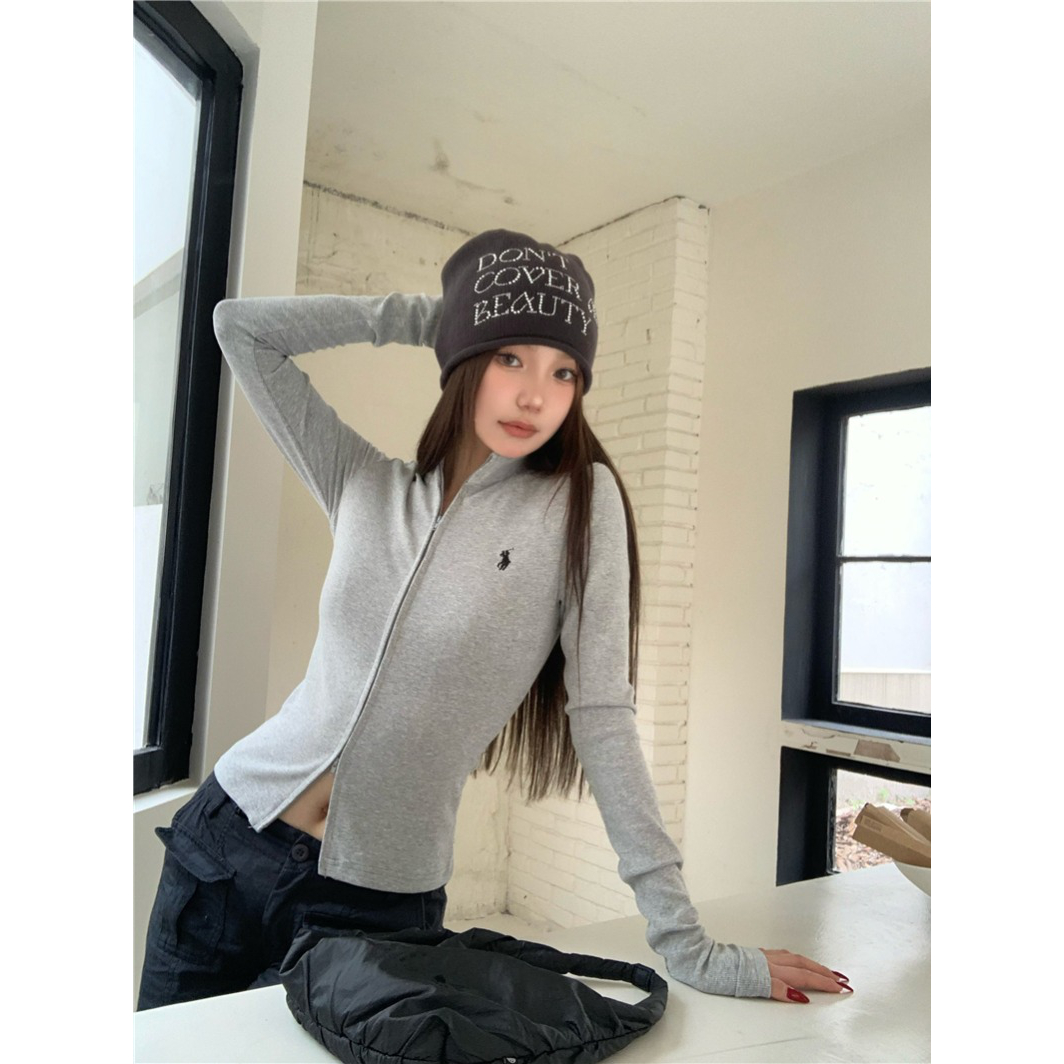 秋款百搭辣妹双拉链立领坑条针织开衫修身显瘦外穿短款上衣女