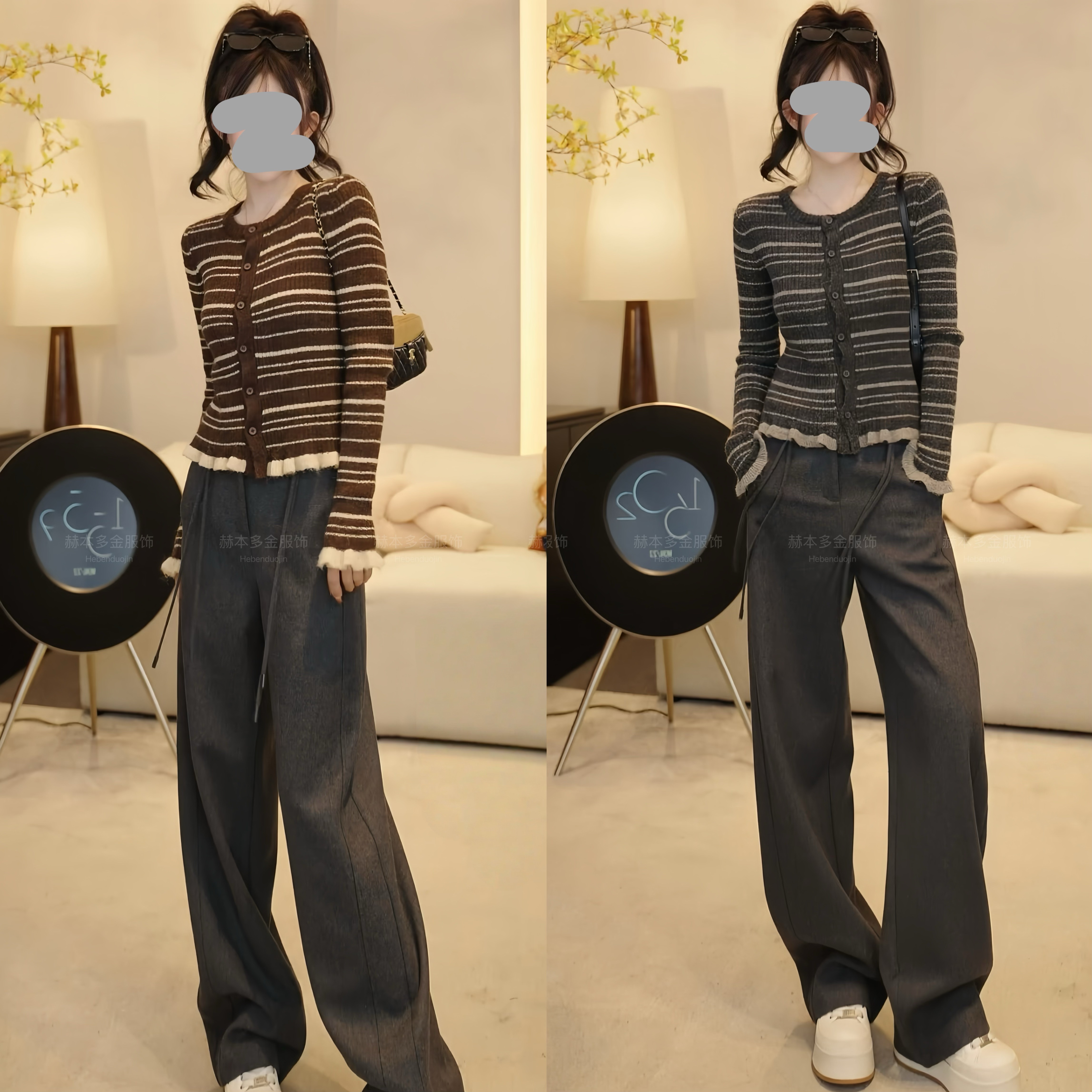 2025早秋新款法式懒惰风针织衫条纹小香风上衣百搭显瘦长裤套装女