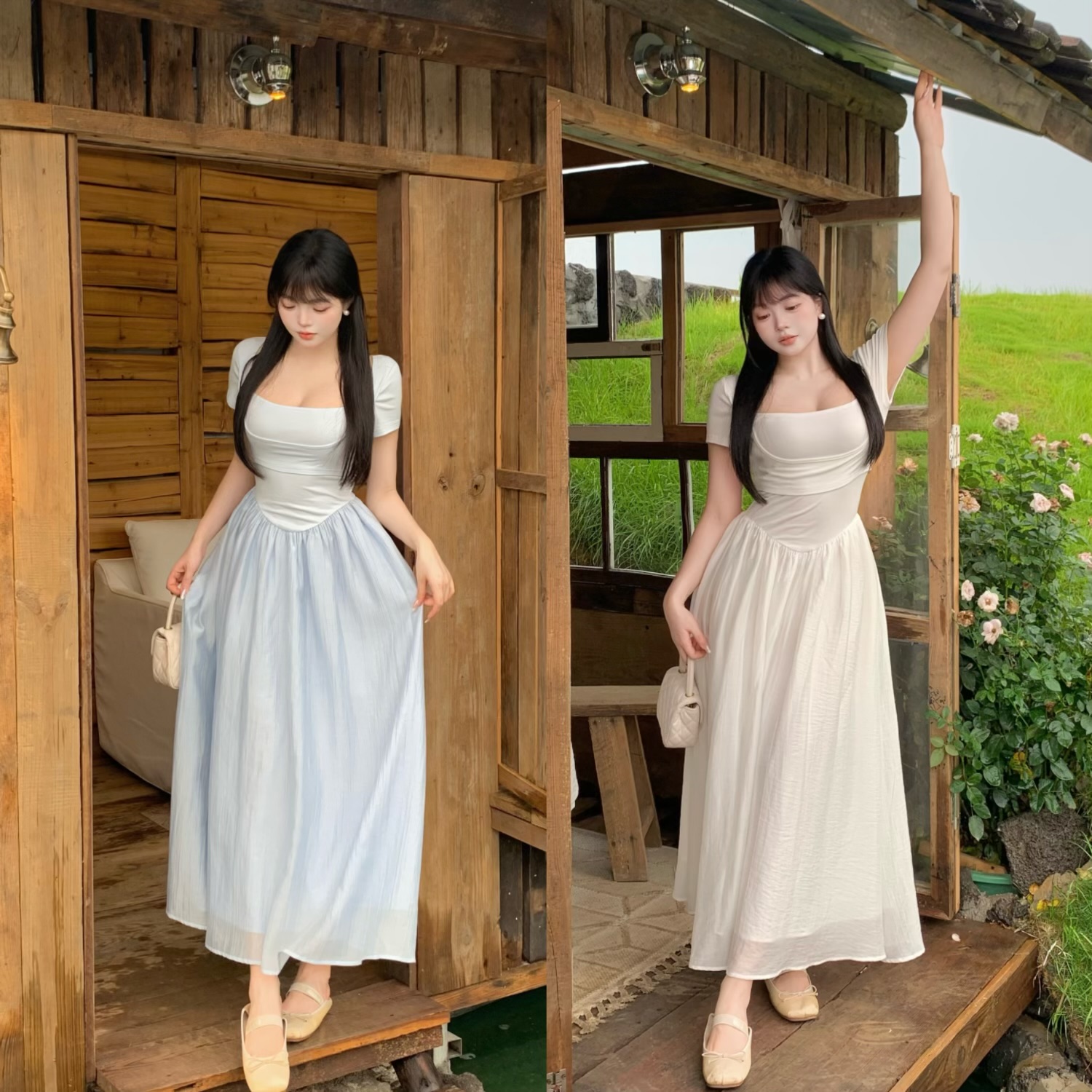 清清萌面侠芝士【极简线条】法式方领百搭拼接收腰连衣裙4782