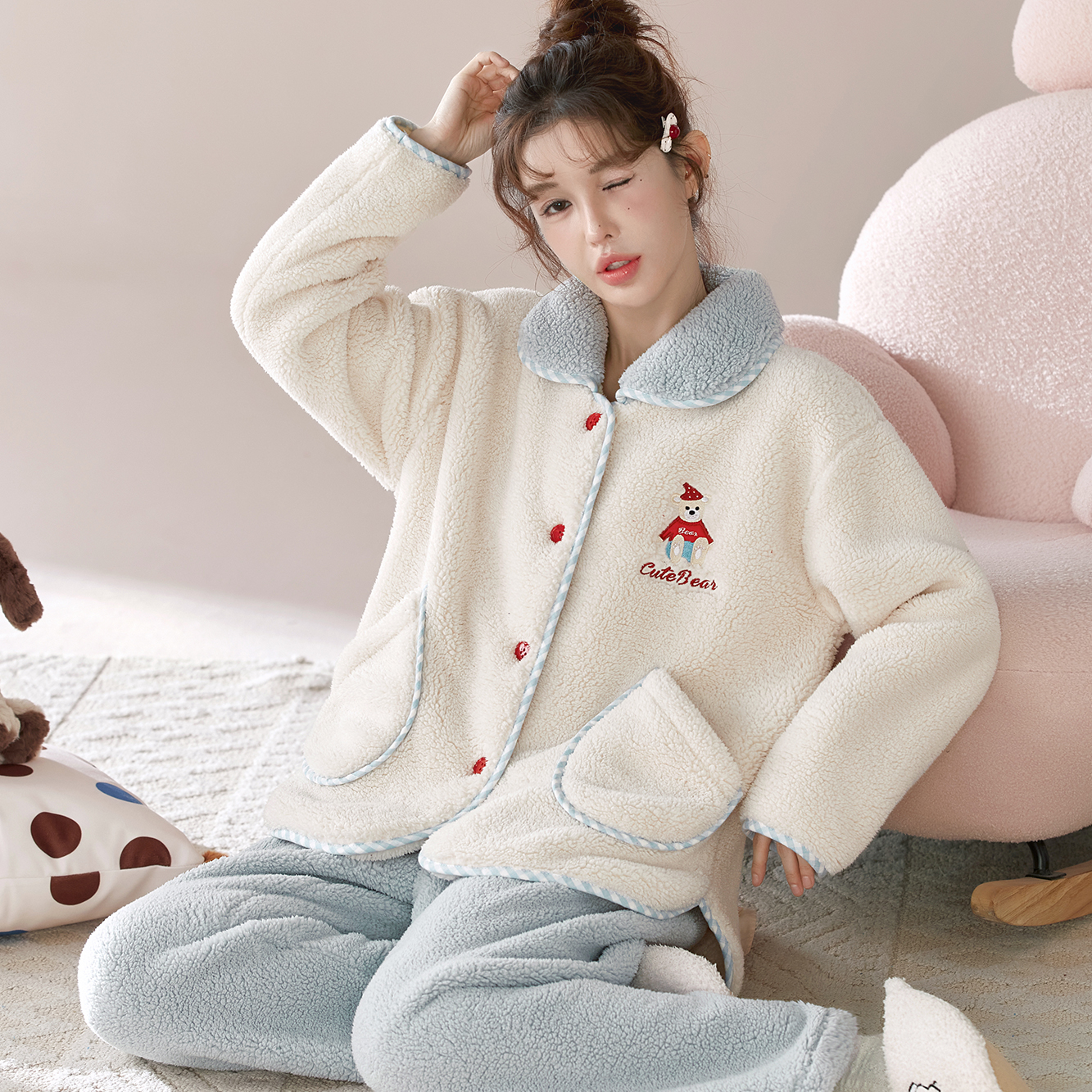 【莎粒绒】新款甜美可爱法兰绒学生家居服女大码宽松暖绒保暖睡衣