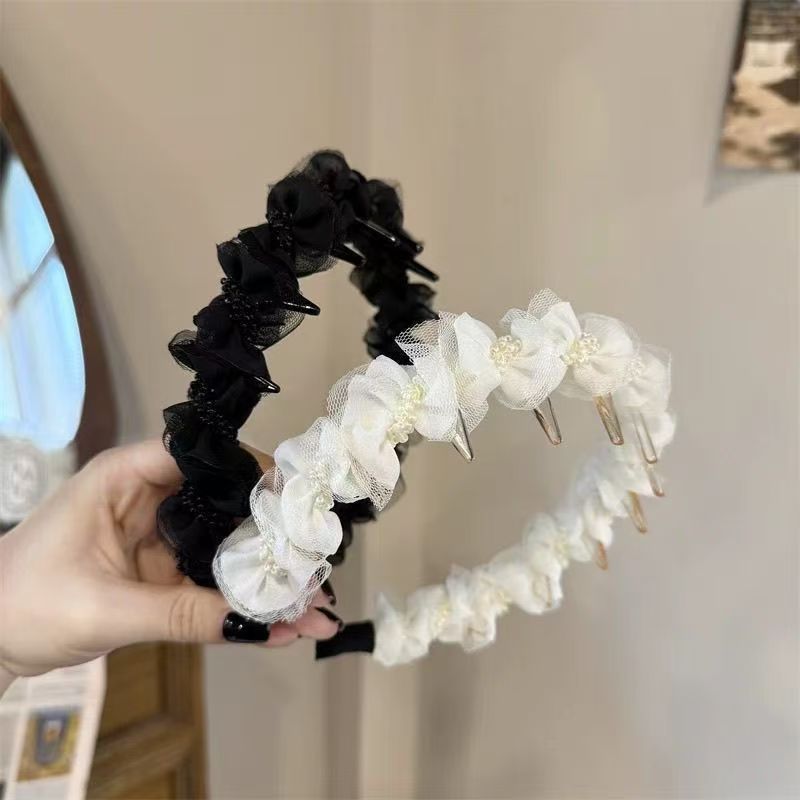 春夏网纱褶皱发箍女高颅顶减龄显脸小头箍百搭洗脸防滑压头发神器