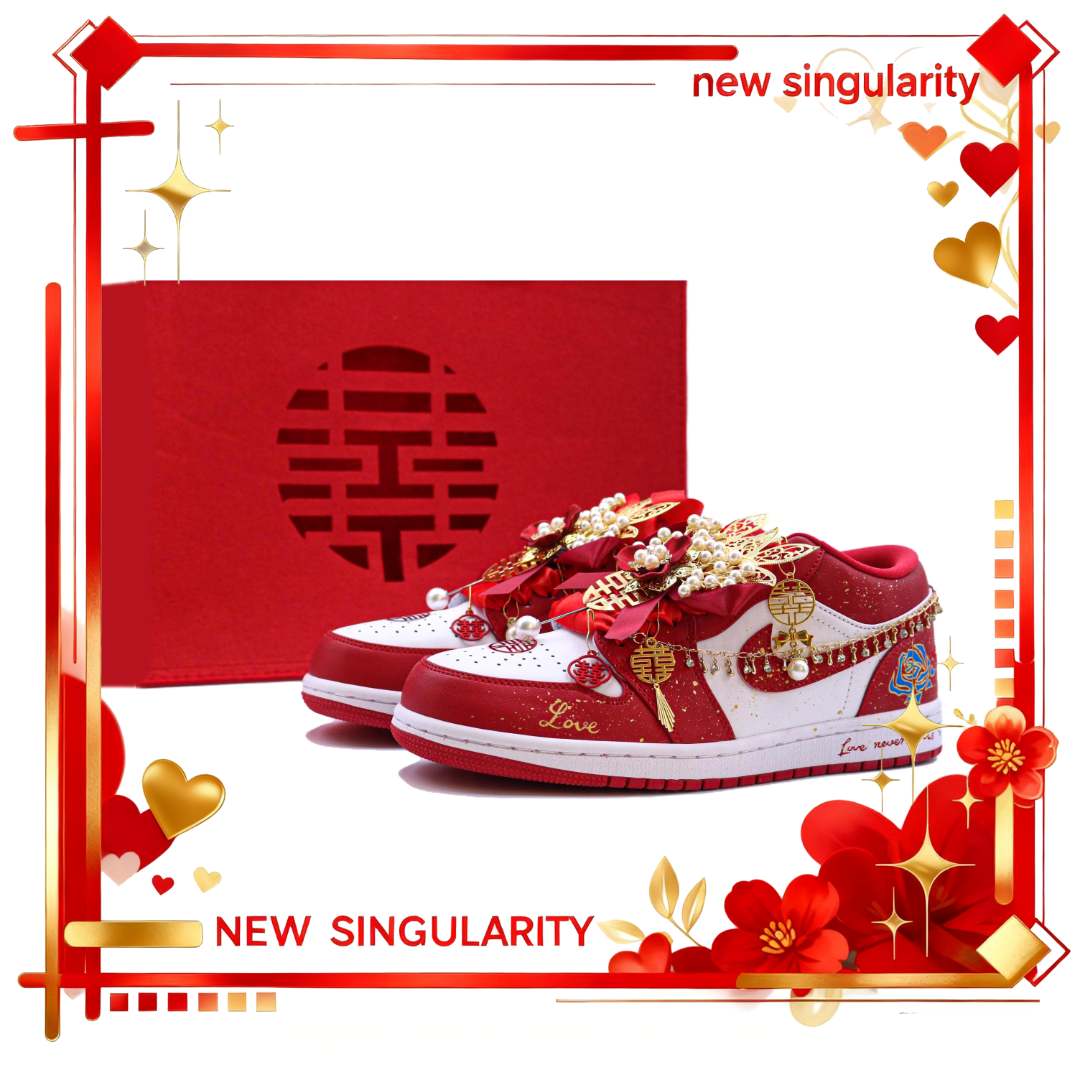 NIKE/耐克Air Jordan1定制球鞋红鸾锦绣男款板鞋女红色AJ婚嫁鞋