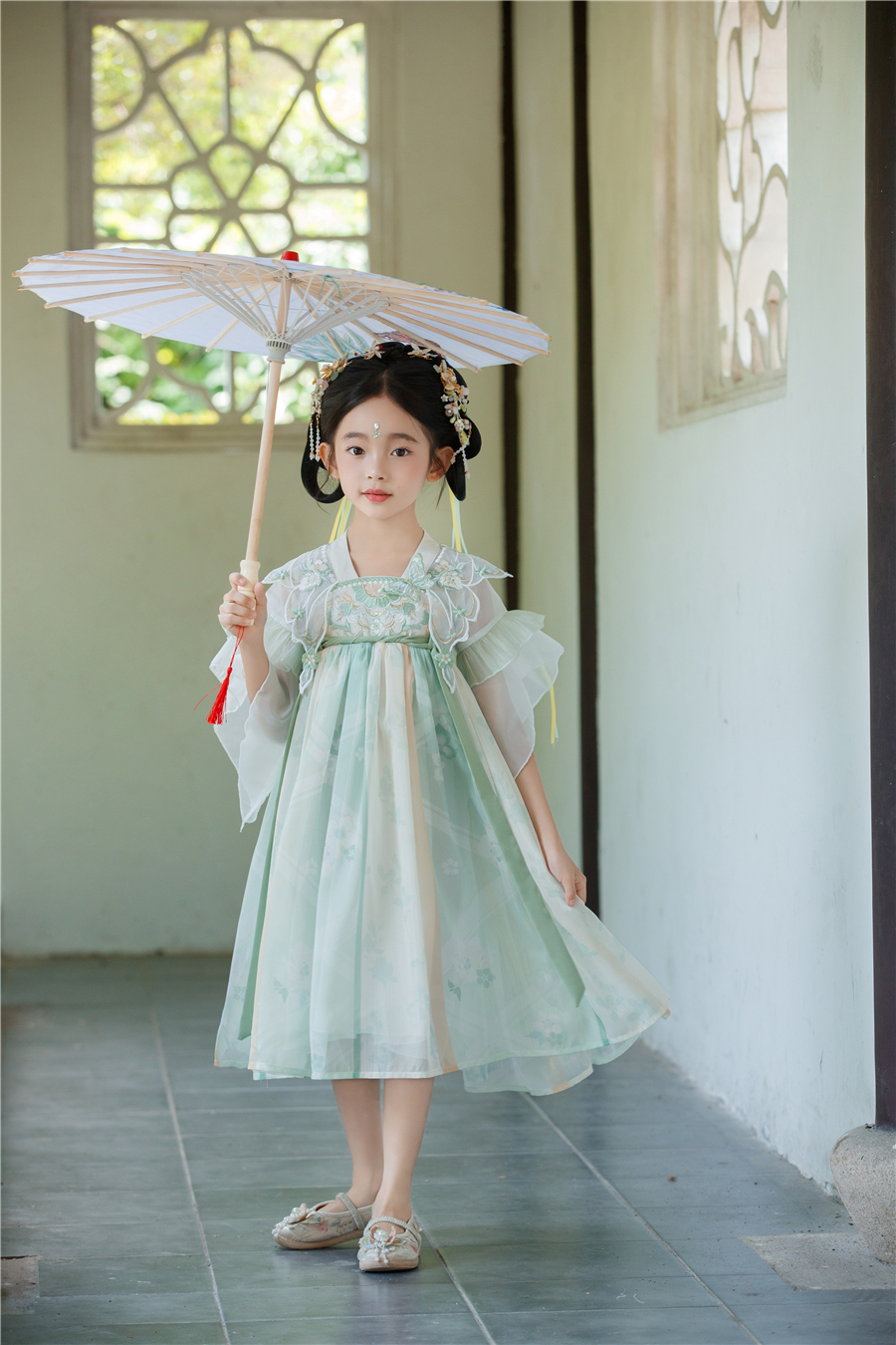 【现货】童装2025年夏季新款女童中国汉服连衣裙252-木点-88207绿色