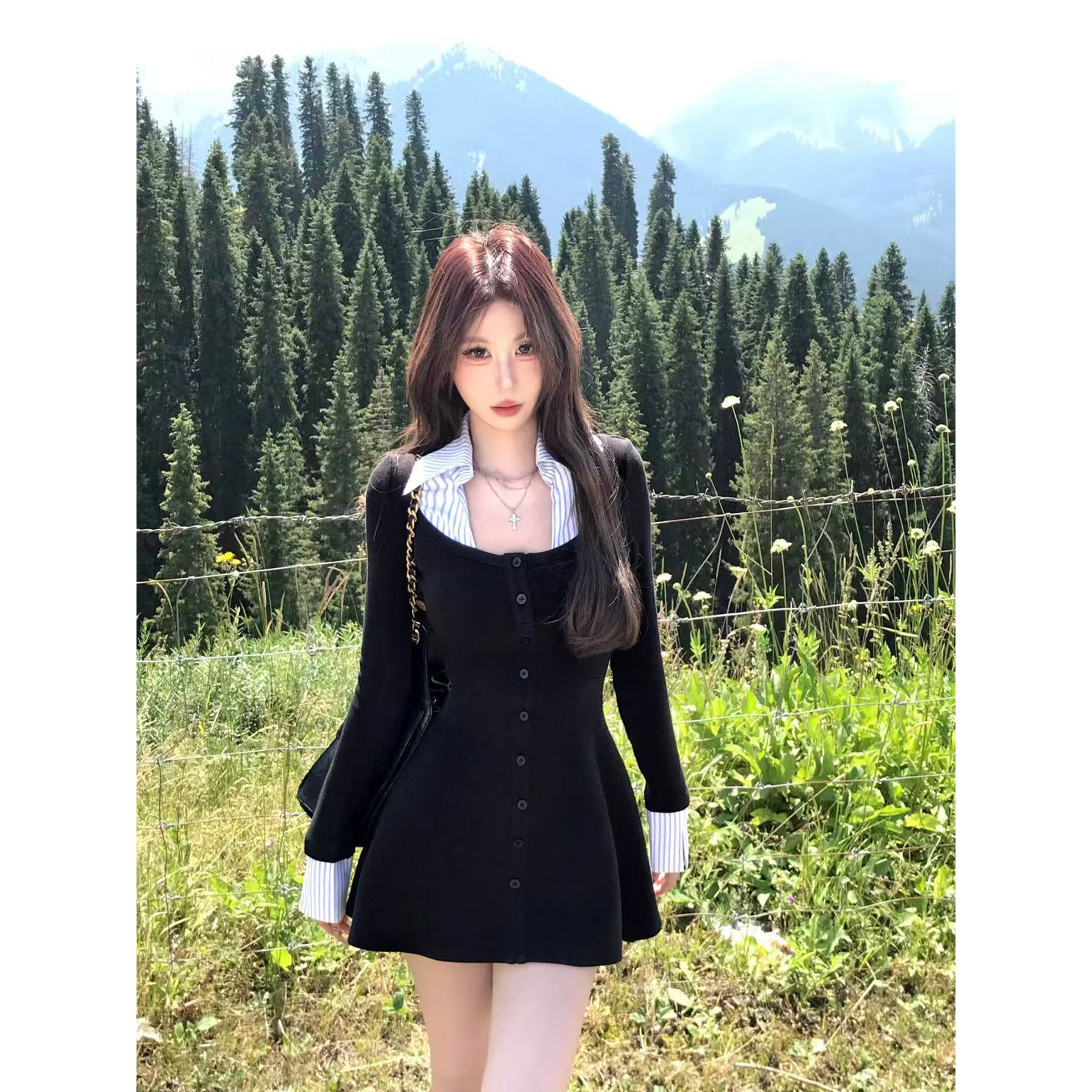 Mejiu蜜九【暮色舞曲】假两件设计条纹拼接MIU系慵懒感纯欲风连衣裙