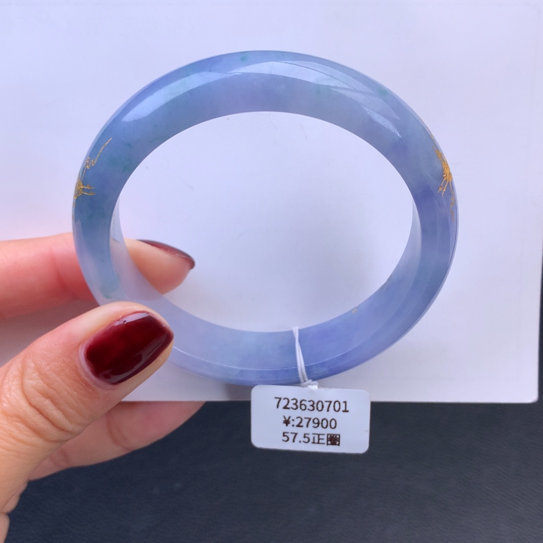 翡翠手镯足金镶嵌满紫手镯（描金无纹裂）