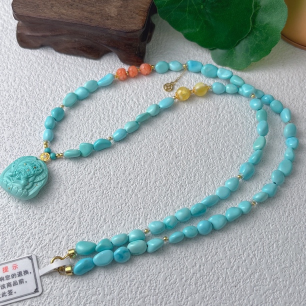 4200天然绿松石糖豆18K项链5mm左右，扎基牌约17×18×8mm，长约48