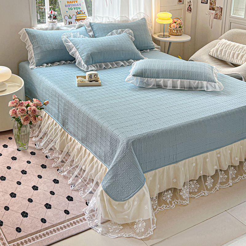 小清新双层蕾丝花边床盖单件公主风简约榻榻米纯色夹棉加厚防滑床