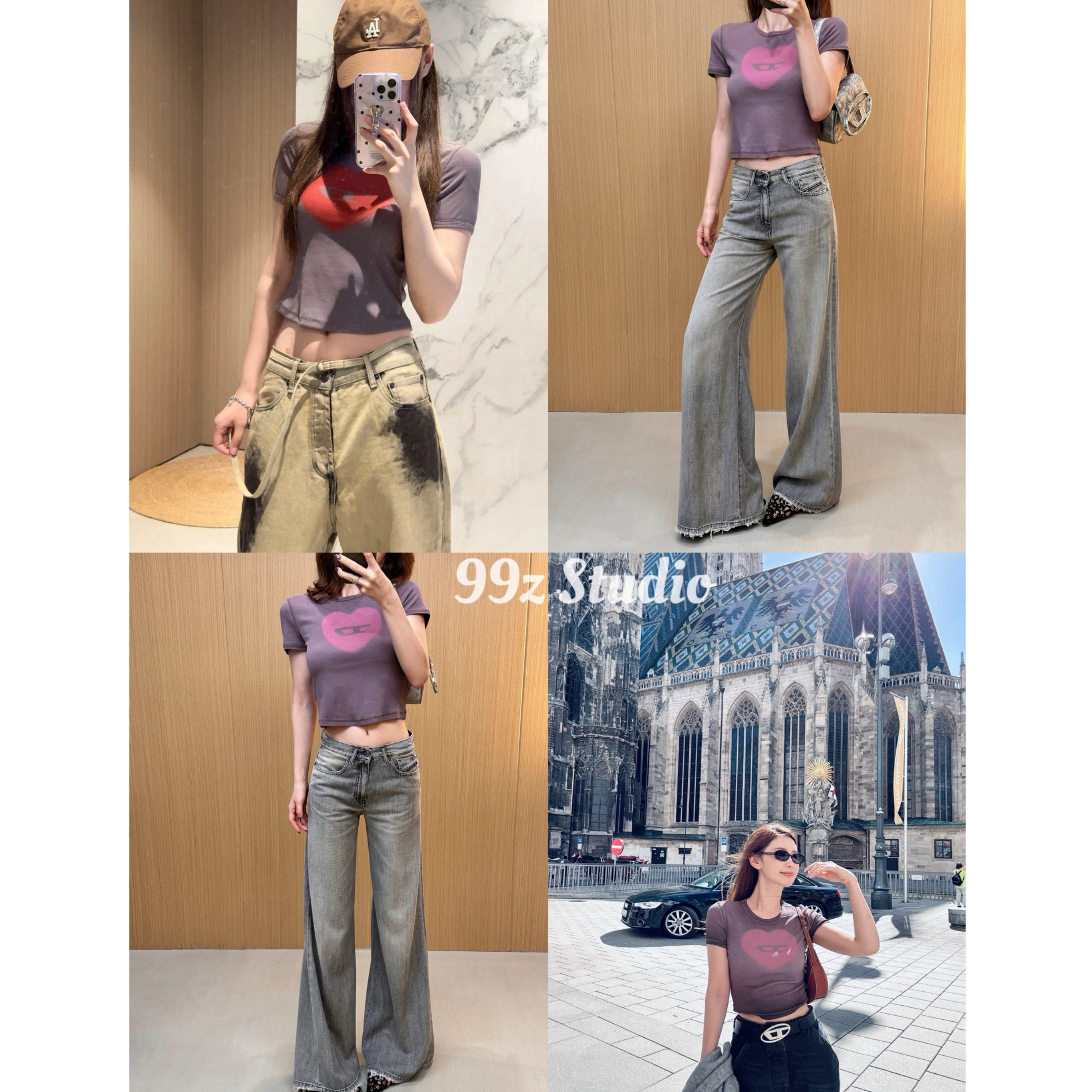 【99z Studio】晕染爱心 辣妹做旧印花修身短袖T恤