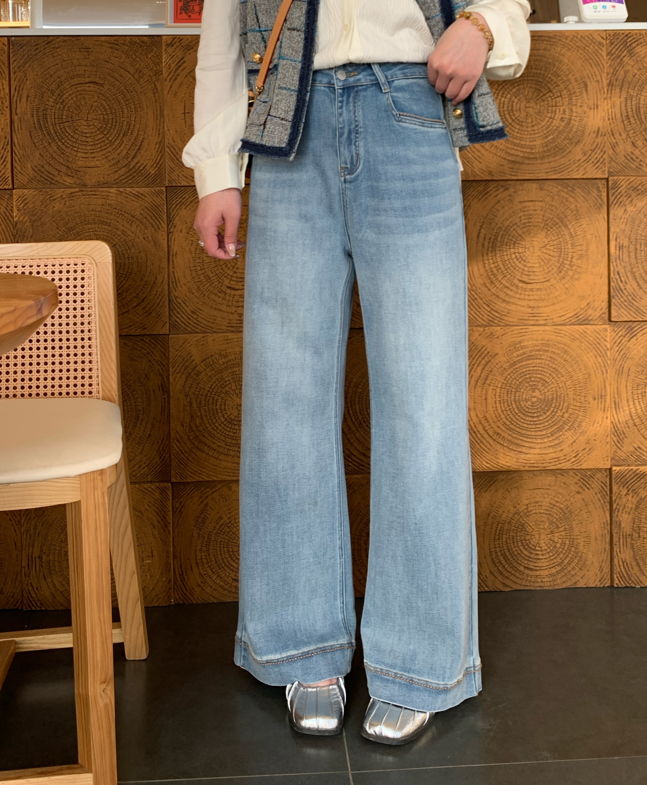 NANJIE/楠姐【牛仔随行】直筒微喇阔腿拼接莱赛尔弹力牛仔裤XNS6254