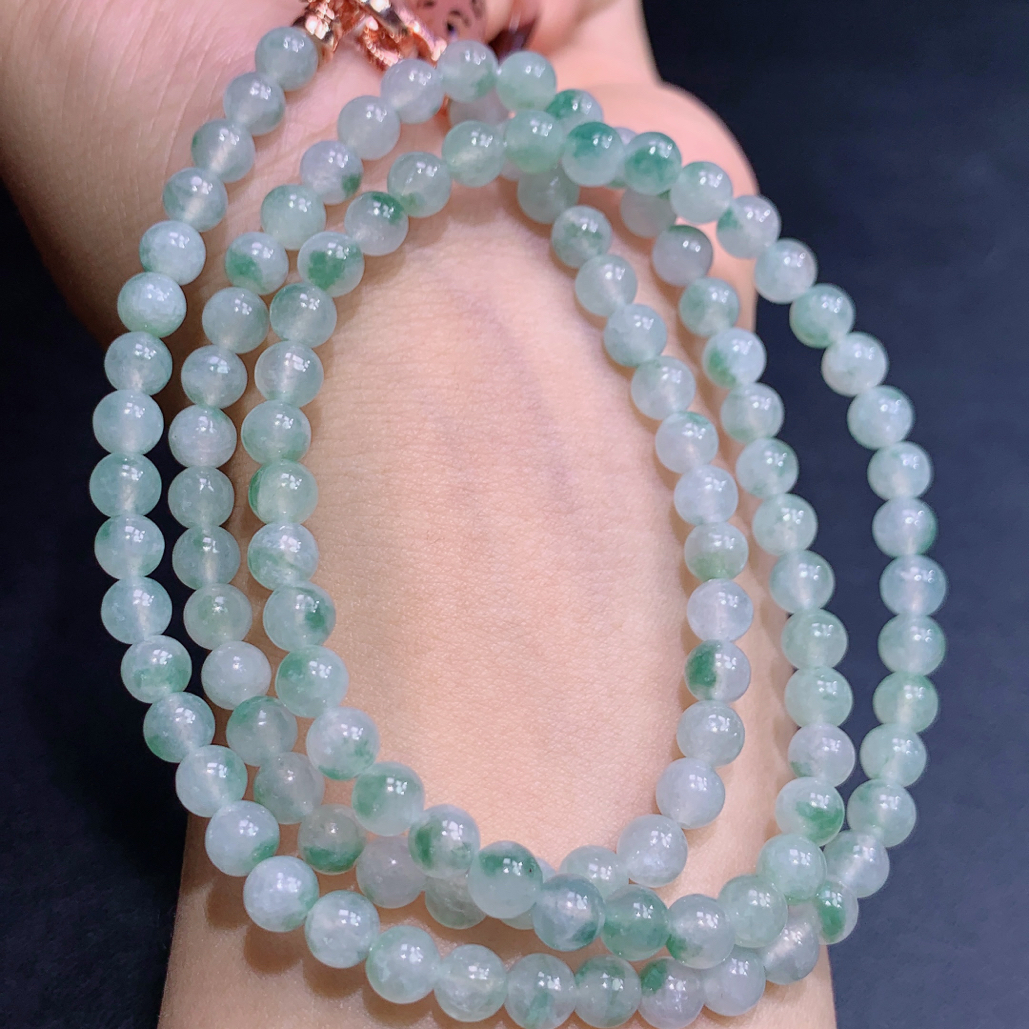 天然缅甸A货翡翠玉石珠宝冰润起胶飘花圆珠项链j尺寸5+mm配证书