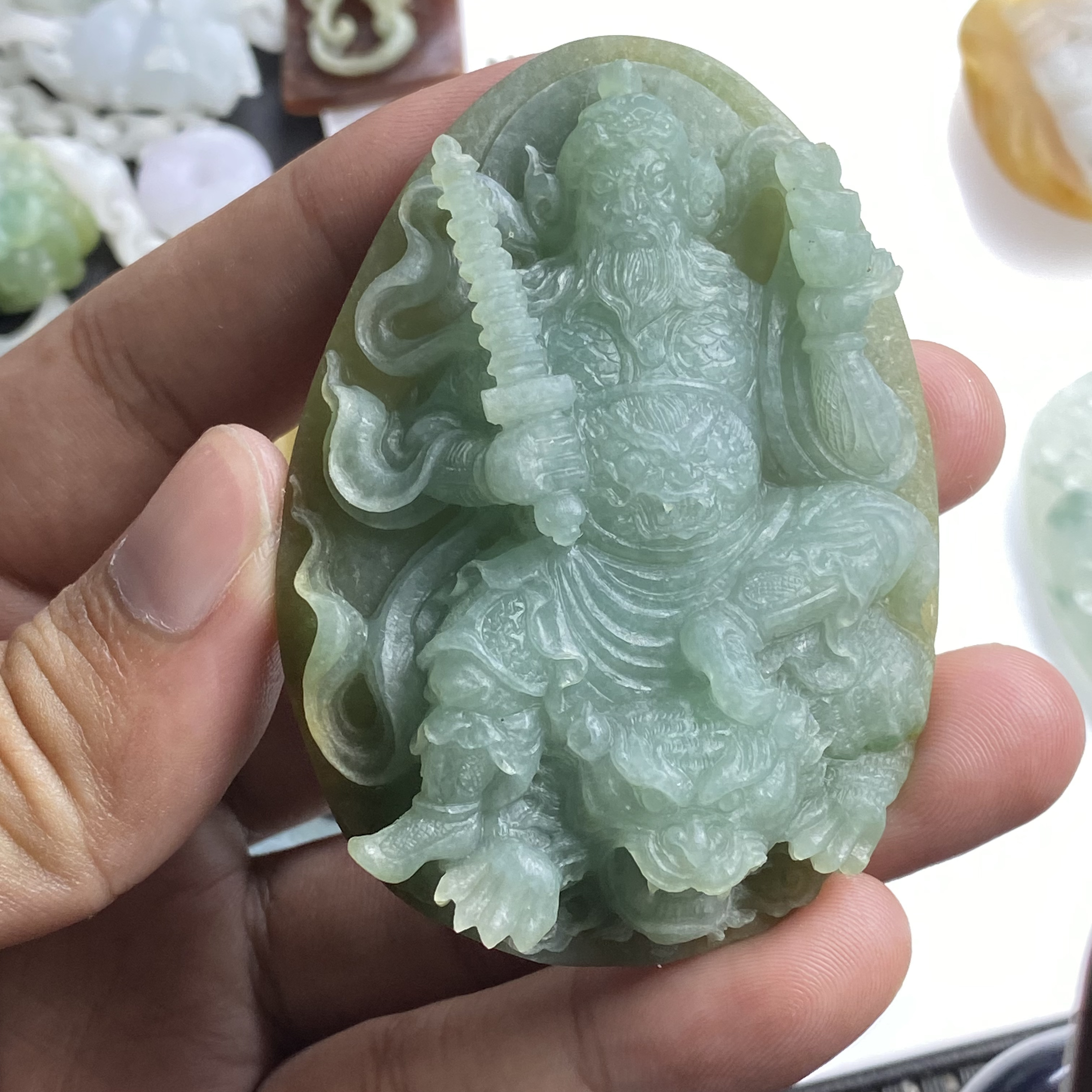 天然翡翠毛货黄皮蓝肉巧雕立体霸气龙虎玄堂真君赵公明财神爷