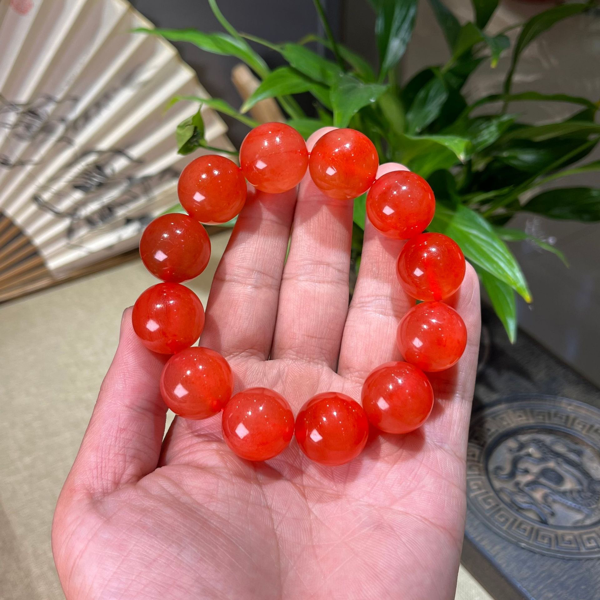 非金属皮质手链 鱼惊石18mm手串青鱼石饰品原料手串红色时尚气质