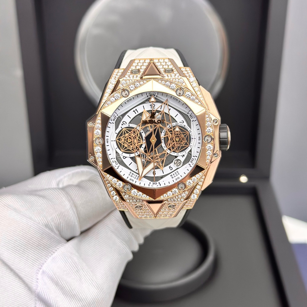 99新 Hublot/宇舶表 418大爆炸45/玫金/原钻镂空盘胶带/全套/21年