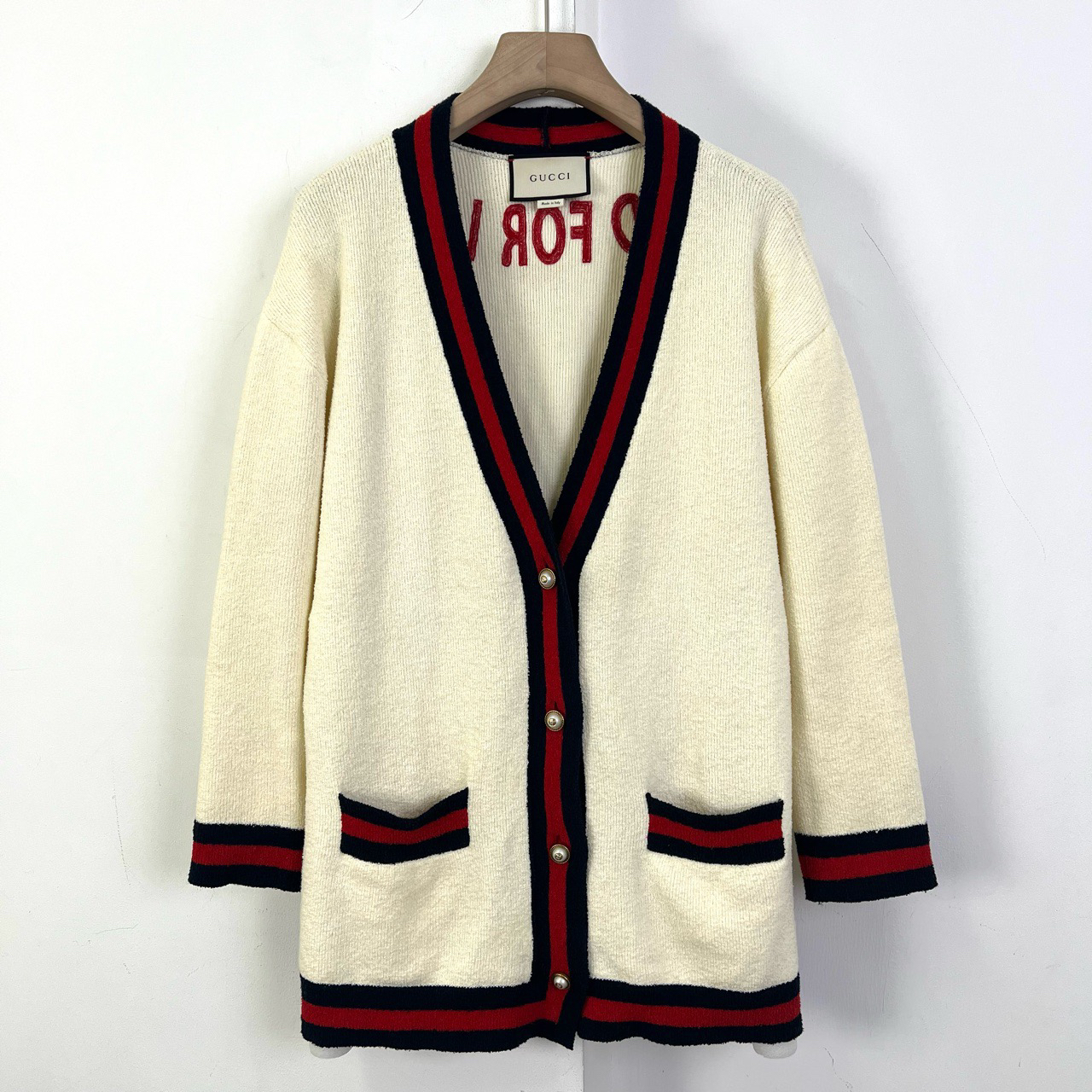 99新 GUCCI/古驰 s码/红蓝条纹双G珍珠扣针织开衫/11384