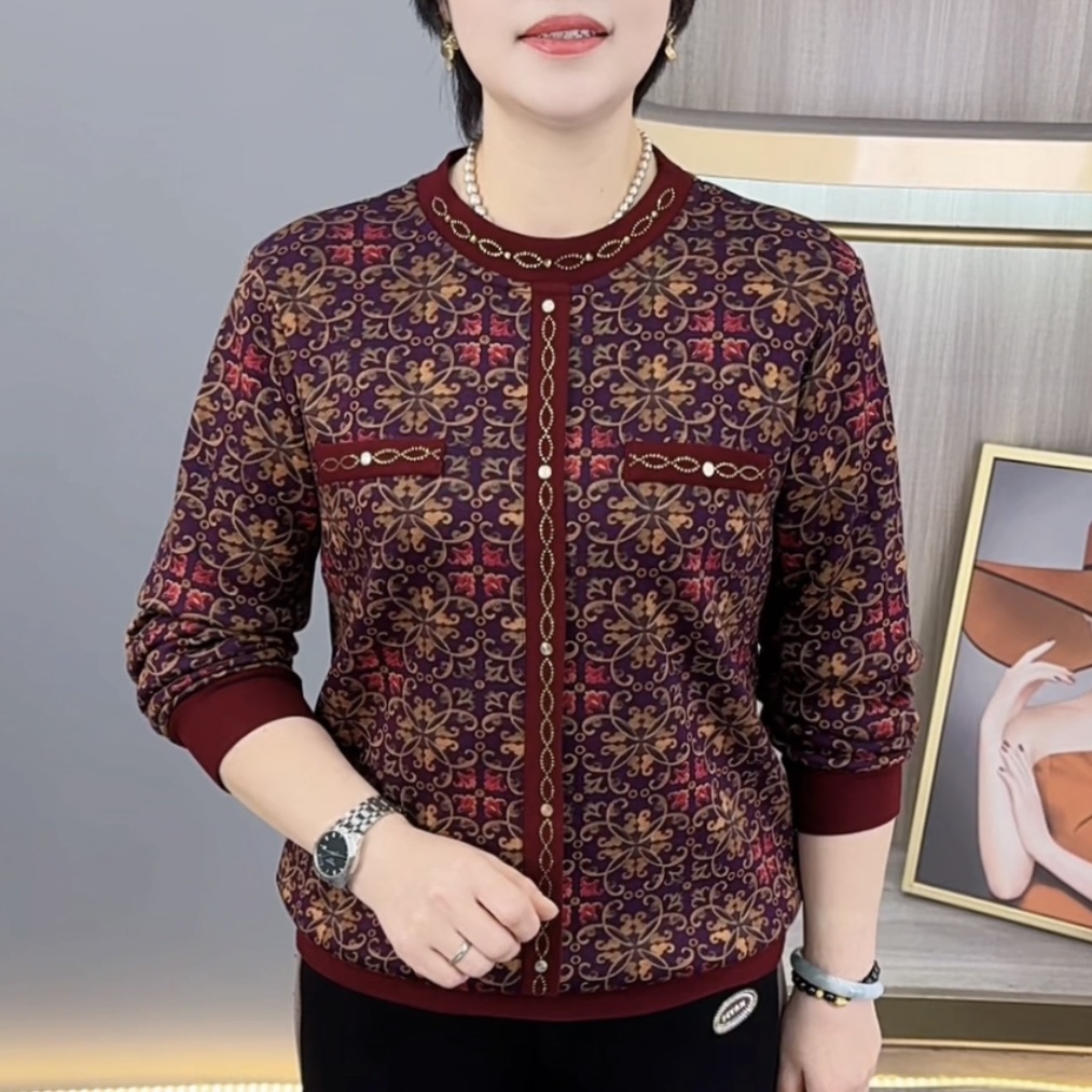 冬季新款圆领印花烫钻洋气妈妈装加绒保暖宽松休闲时尚上衣H9997