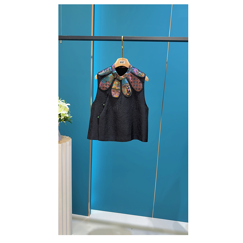 【静默守护‌】花纹斜襟上衣重工提花女装休闲厚款无袖复古圆领马甲