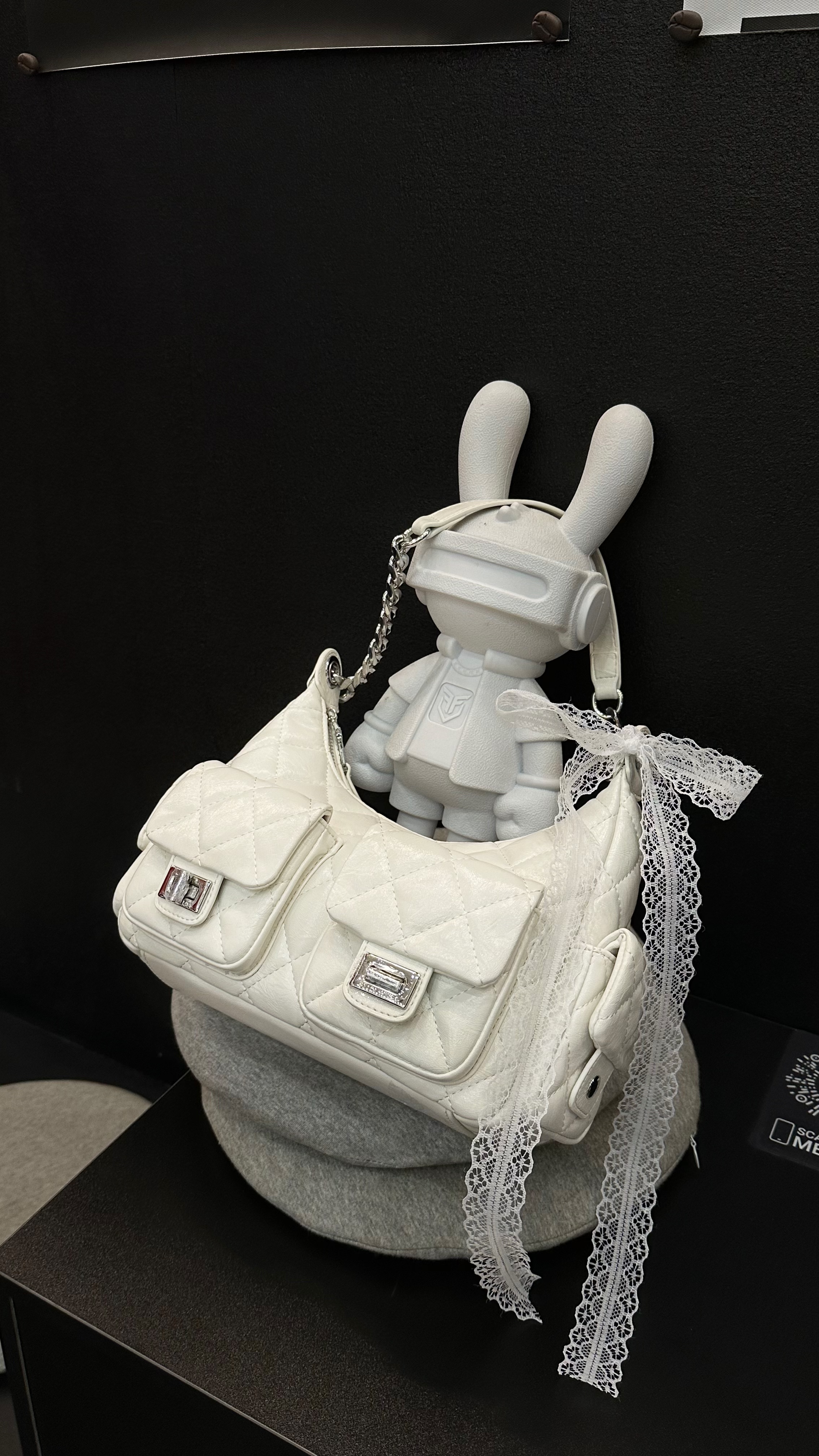 [七月堡包]小香风多口袋菱格腋下包椰奶白链条单肩斜挎包