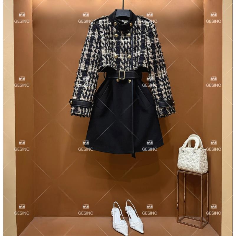 【露】秋冬气质时尚收腰轻奢毛呢粗花呢格子女装格纹QD-2024863