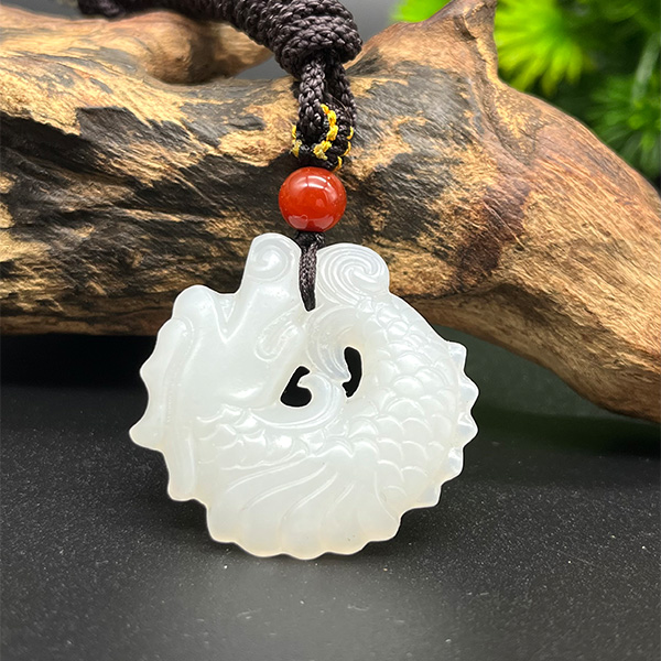 听泉同款纯手修天然和田玉俄料鱼化龙玉石吊坠挂件仿古龙白玉挂坠