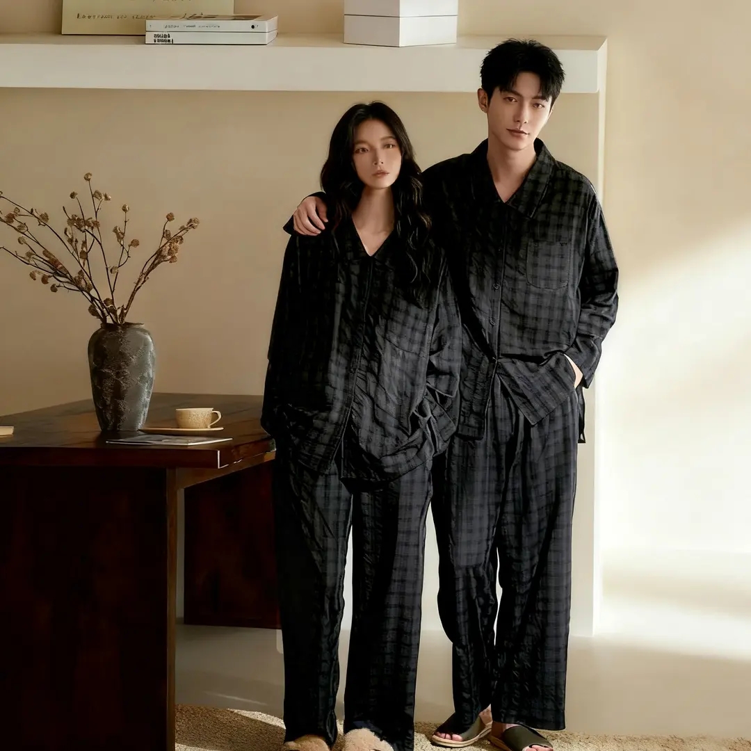 情侣睡衣男女款春秋季云朵棉长袖长裤2025新款简约格子套装可外穿