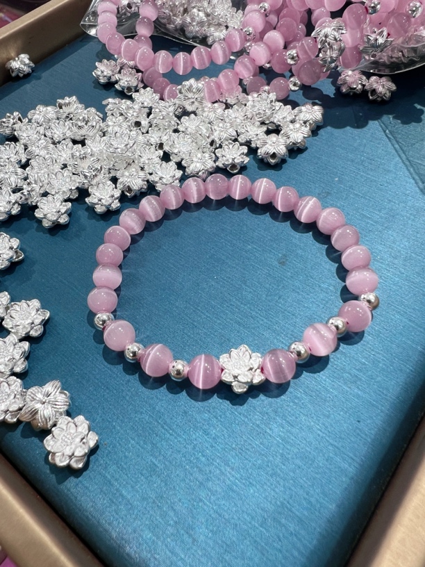 足银仿水晶手链 【足银999步步生莲手串】配6粒足银圆珠首饰饰品