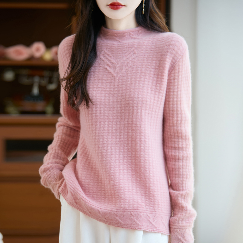 秋冬款100%羊毛衫七针加厚半高领绞花女百搭针织打底套头衫