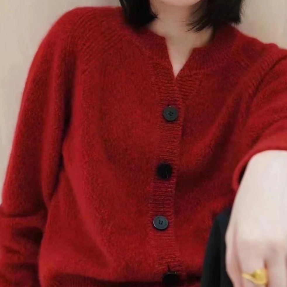 100纯山羊绒开衫女插肩袖红色外套上衣B045