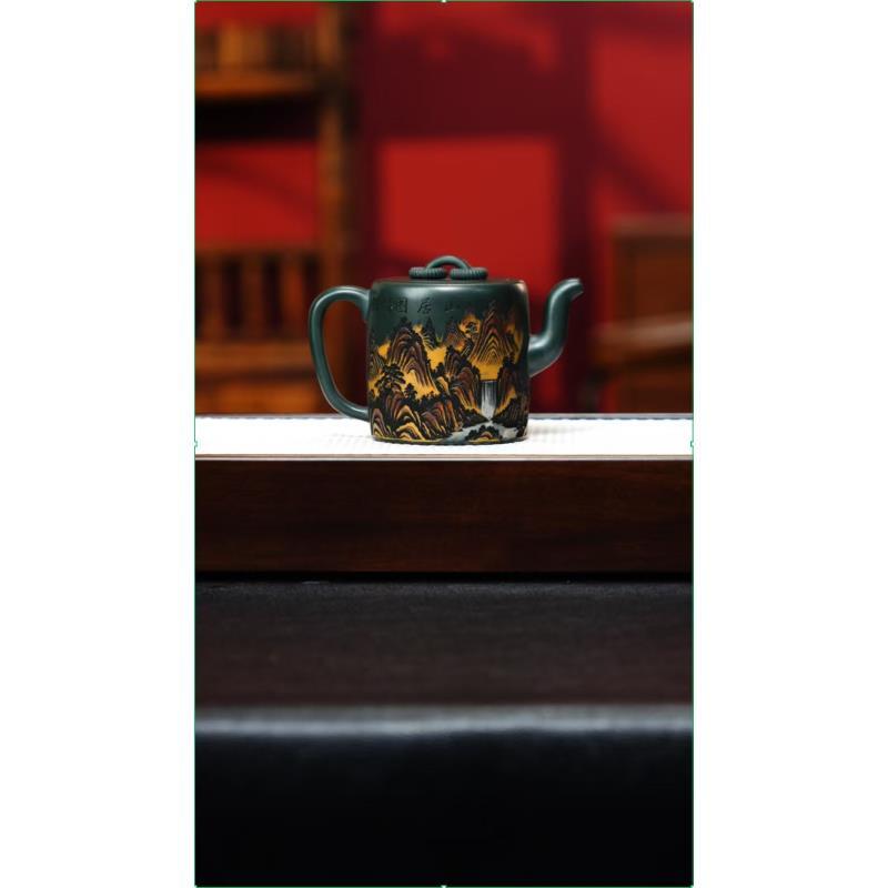 宜兴紫砂 彩刻双圈 绿泥 李雨瑶h526