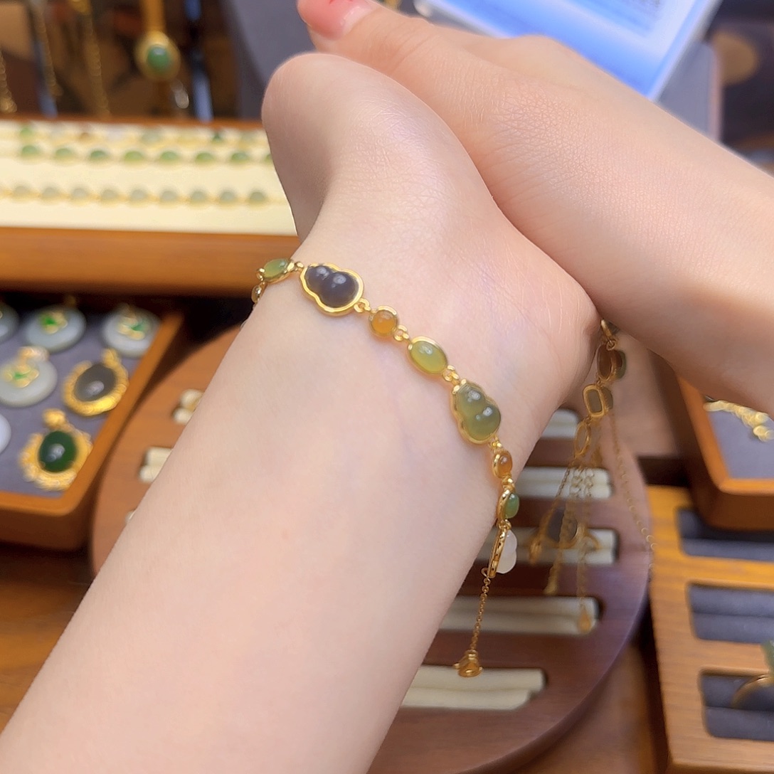 和田玉手链银S925镀金镶嵌