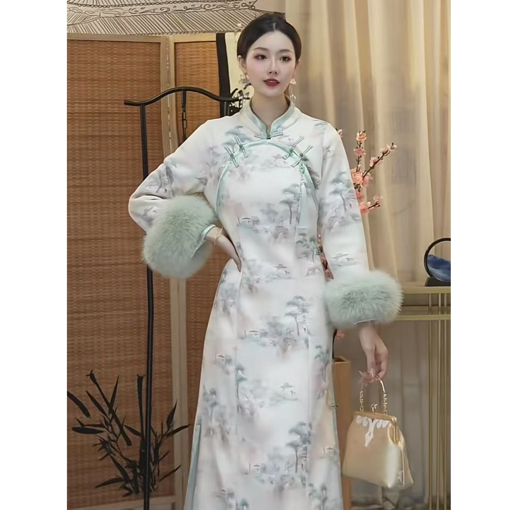 花享悦2024新中式女装复古毛呢旗袍日常冬季加绒外套WW  【9768】