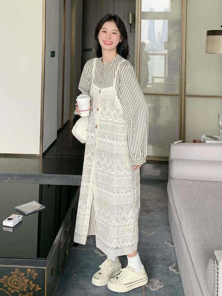 春季蕾丝罩衫条纹连衣裙套装日系宽松显瘦两件套套装