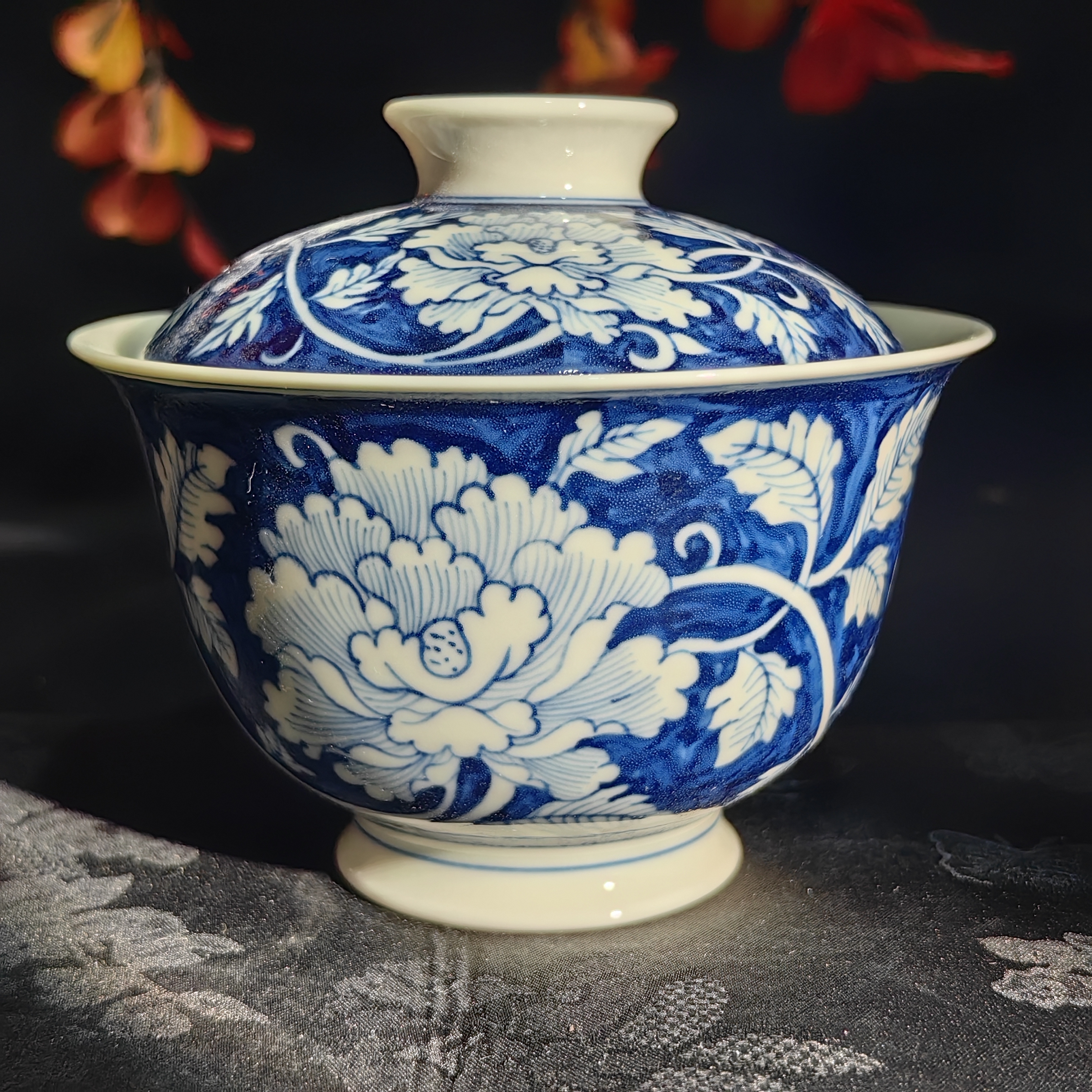 觅纤 蓝地牡丹盖碗-125毫升 MQ440