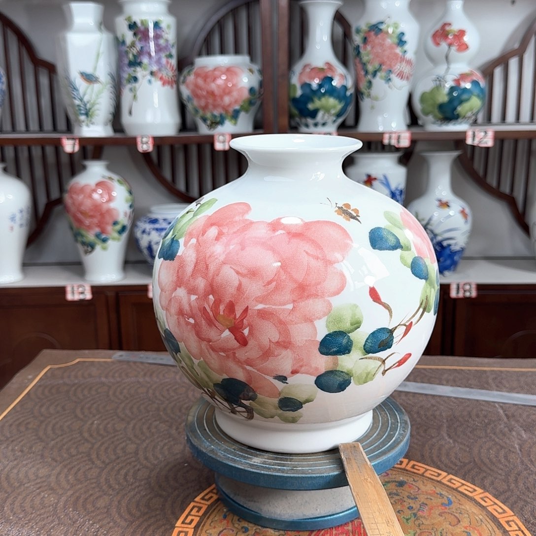 摆件景德镇陶瓷石红牡花