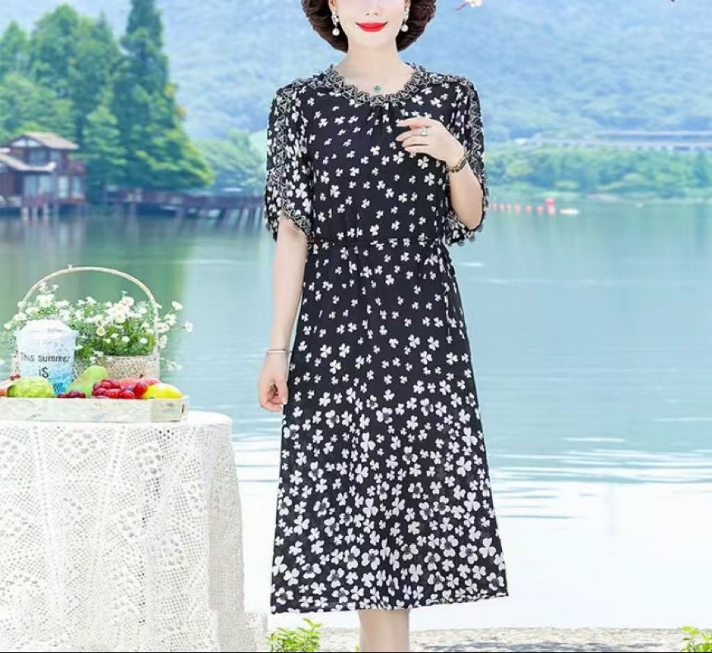 D213年轻妈妈装夏季短袖碎花连衣裙新款中年