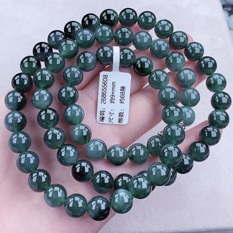天然翡翠珠宝项链 卡9+ 冰飘绿圆珠项链 气质 绿色轻奢 冰透 长链
