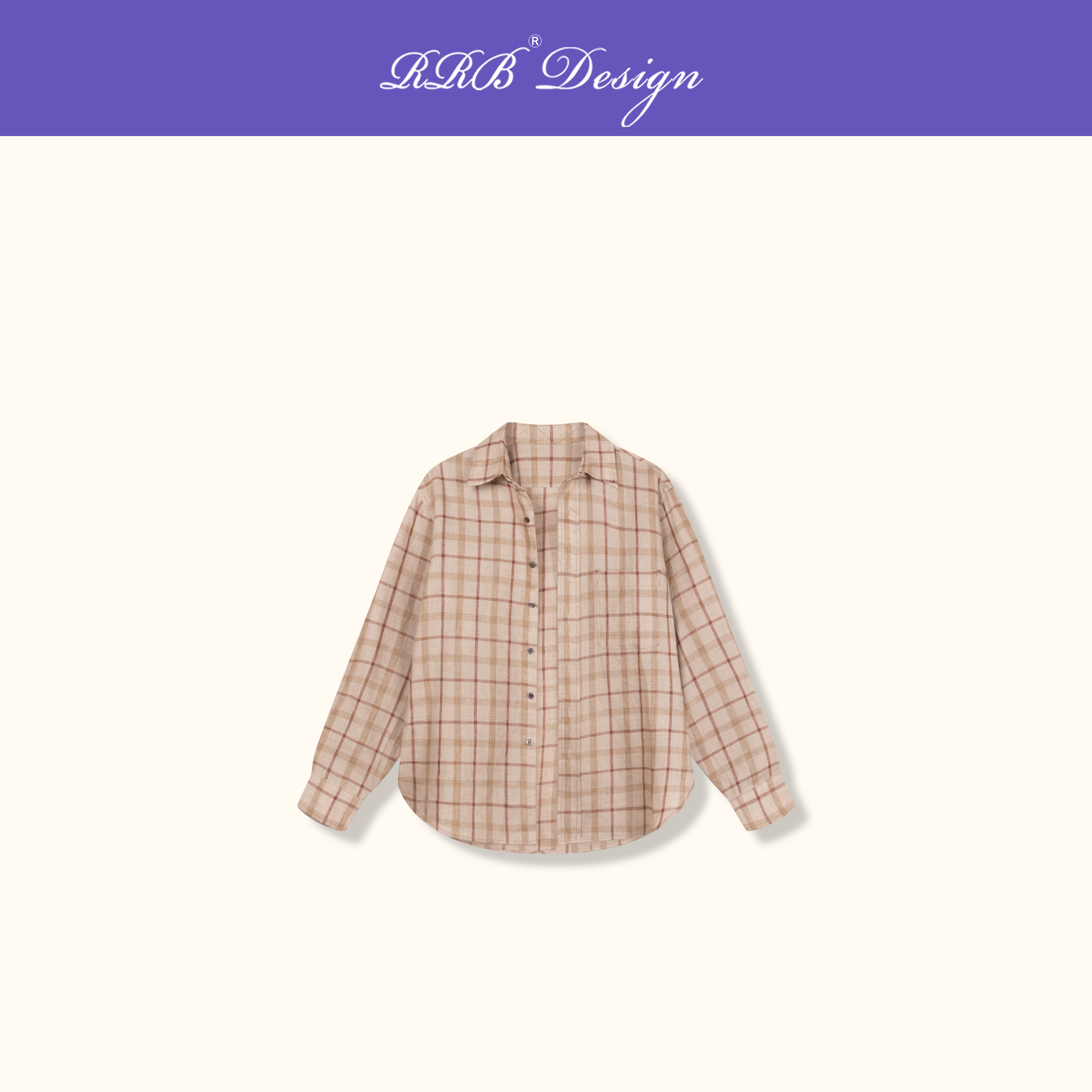 RRB Design「惬意氛围」宽松显瘦拼色格子翻领亚麻衬衫时尚百搭上衣