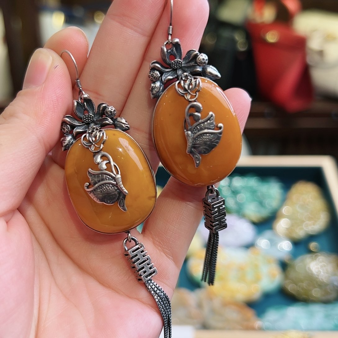 琥珀耳饰银S925镶嵌耳环