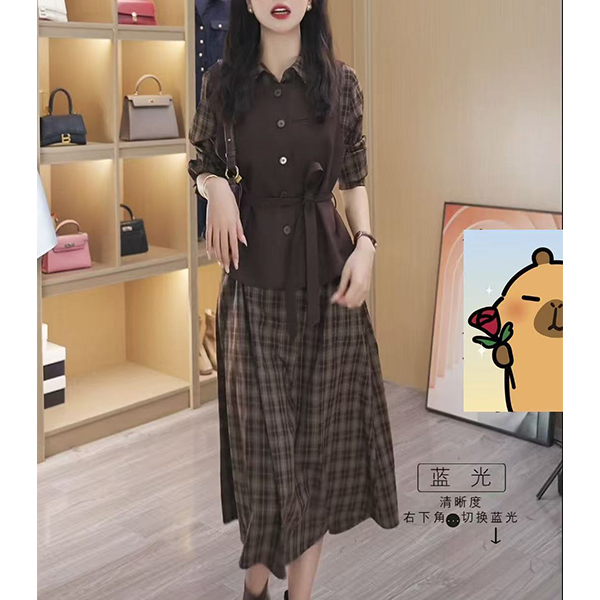 L5616法式复古格子撞色连衣裙女秋新款时尚气质百搭长袖拼接裙子
