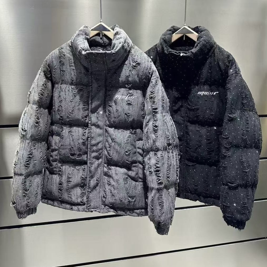 新款复古做旧磨破时尚百搭棉服外套男