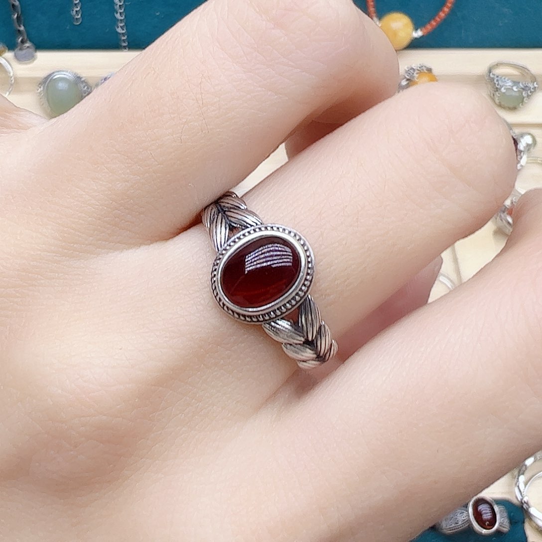 血珀戒指银S925镶嵌天然