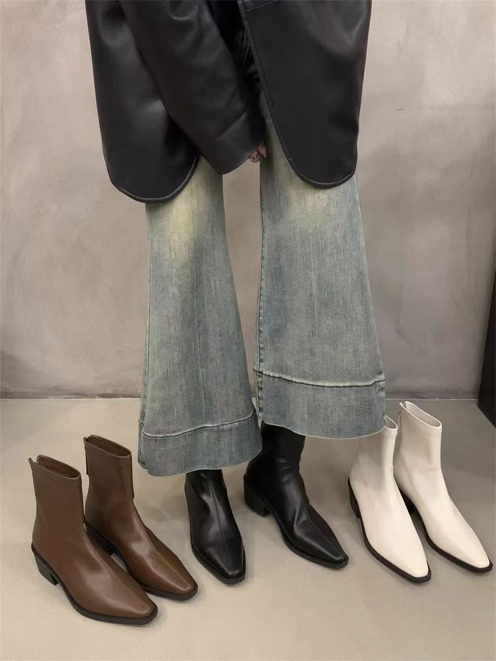 W32E552尖头韩系小踝靴女秋冬新款短靴子粗跟软皮瘦瘦靴  单里