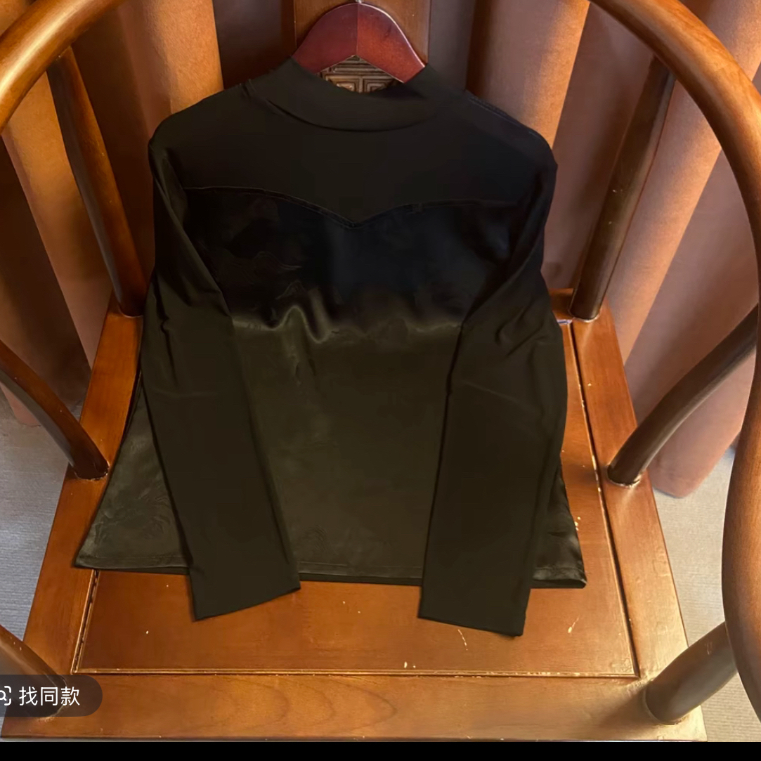 新中式国风半高领拼接网纱长袖修身显瘦打底衫