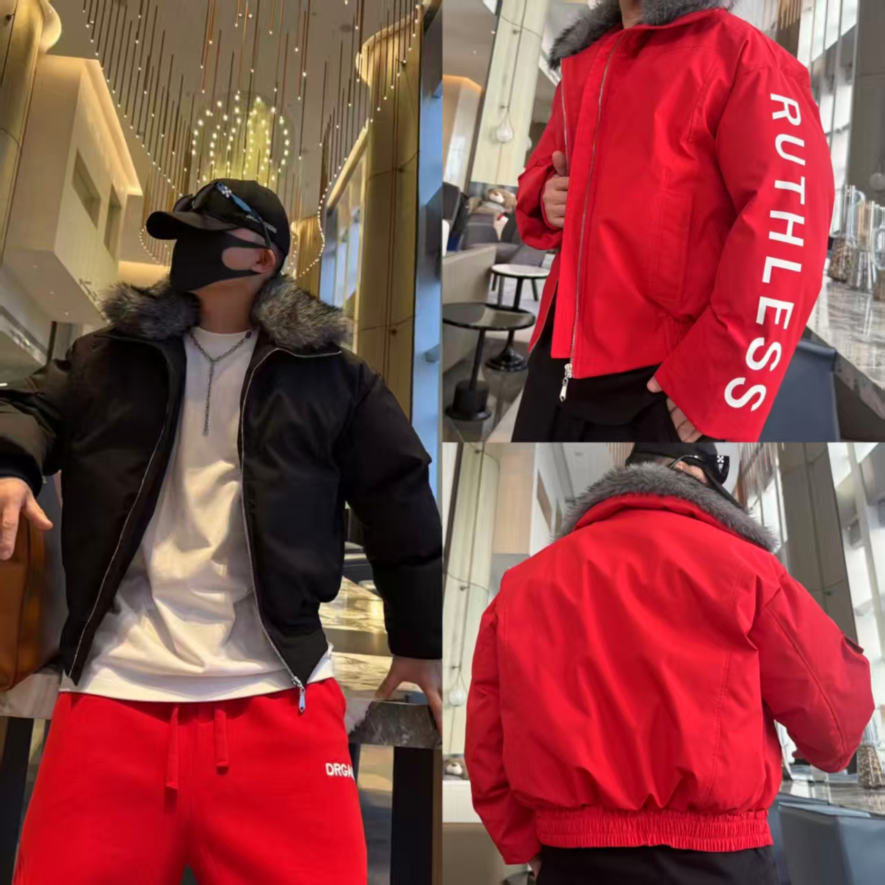 金先生冬季三防面料毛领可拆卸字母印花厚款轻柔潮流时尚夹克棉服