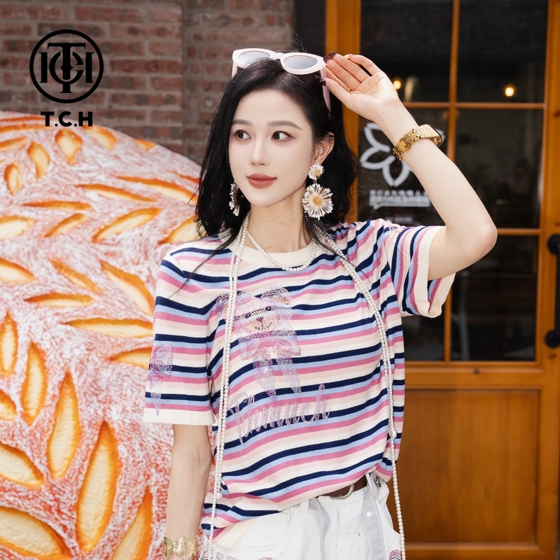 TCH烫钻工艺新款时尚休闲百搭针织T恤女T75A09E5140轻奢tch