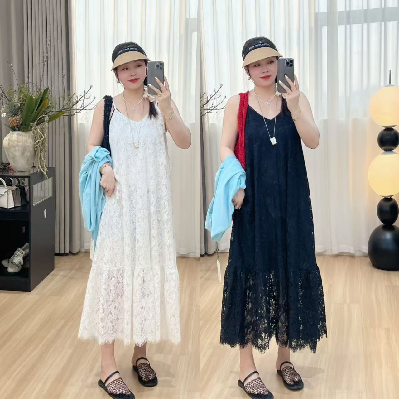  精致女神范海边度假风蕾丝吊带裙