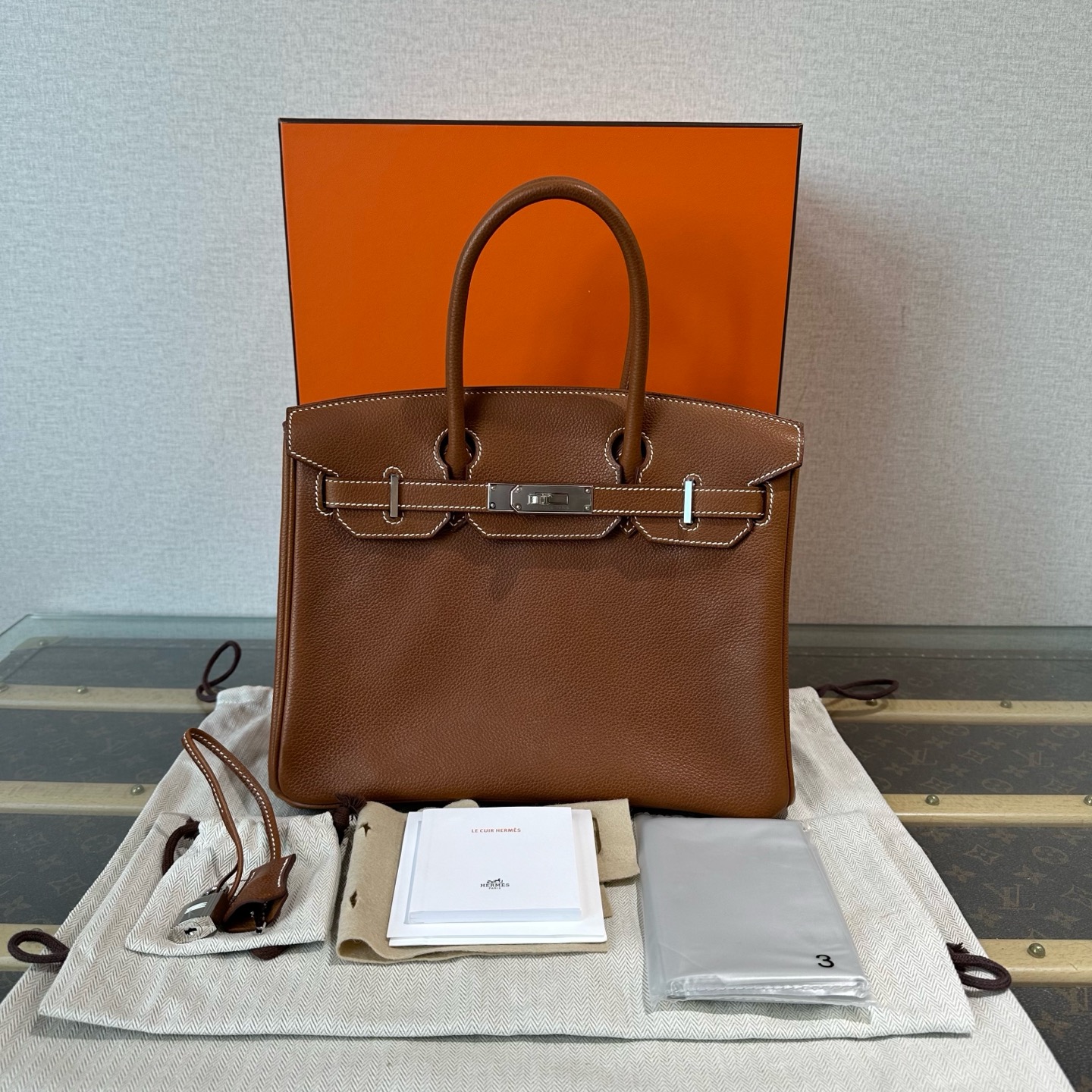 99新 Hermes/爱马仕 金棕银扣Birkin30三合一手提包 10500