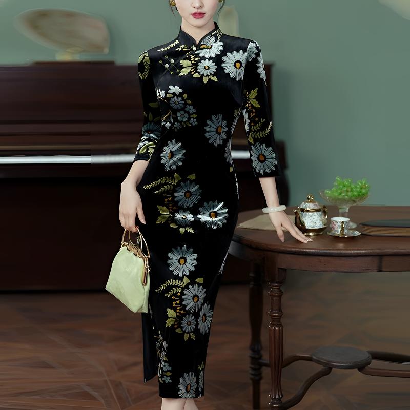 锦瑟 国风复古立体日常立领秋冬印花旗袍中长款包袖修身优雅