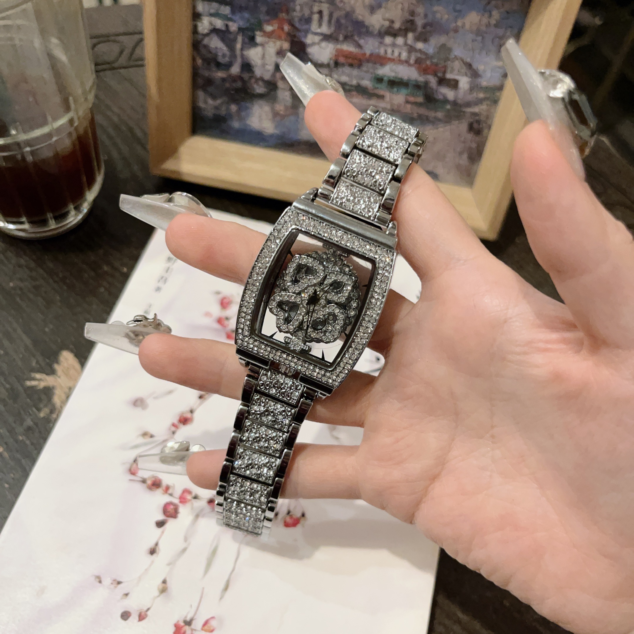 【撤柜】时尚满钻扑克牌旋转腕表气质奢华男女同带腕表S116